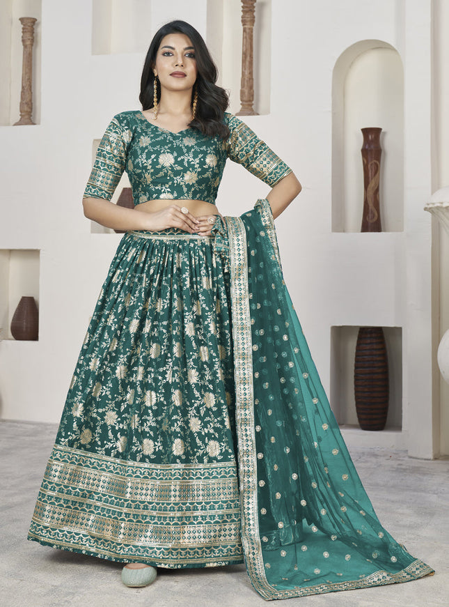 Rama Green Dola Jacquard Lehenga Choli with Net Dupatta