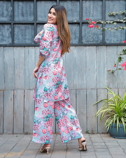 Powder Blue Cotton Floral Printed Co-Ord Set