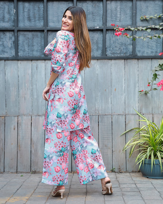 Powder Blue Cotton Floral Printed Co-Ord Set