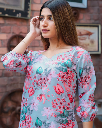 Powder Blue Cotton Floral Printed Co-Ord Set