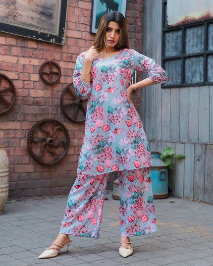 Powder Blue Cotton Floral Printed Co-Ord Set