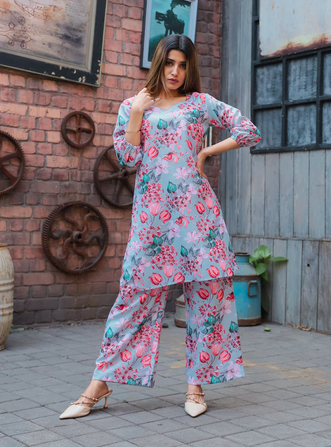 Powder Blue Cotton Floral Printed Co-Ord Set