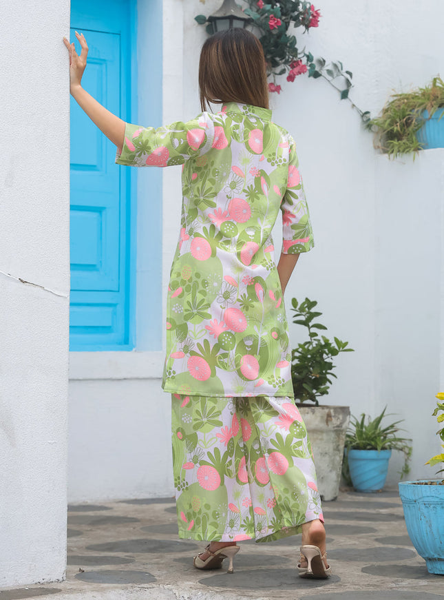 Pista Green Cotton Floral Printed Co-Ord Set