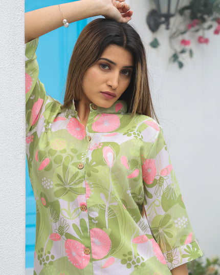 Pista Green Cotton Floral Printed Co-Ord Set