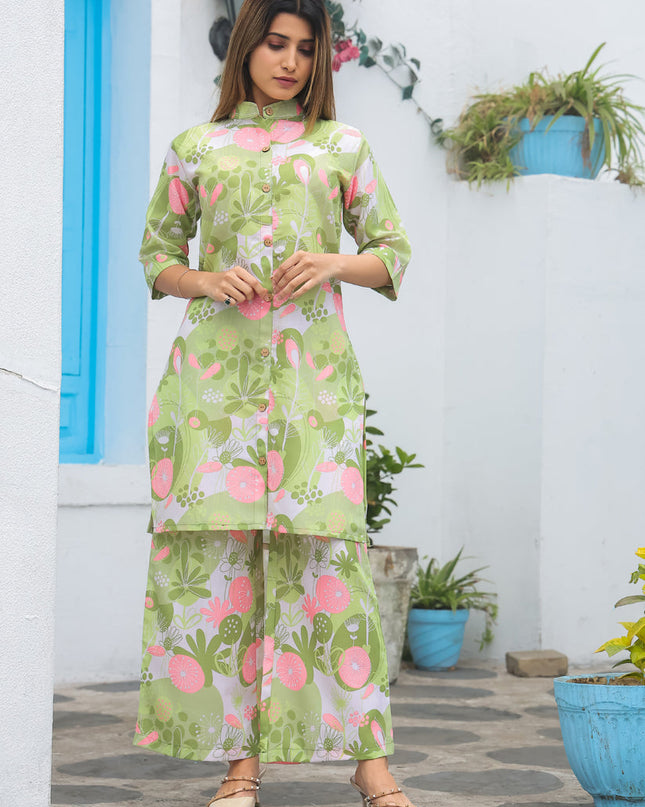 Pista Green Cotton Floral Printed Co-Ord Set