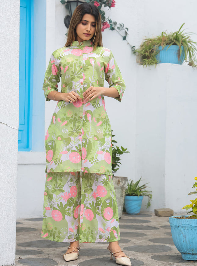 Pista Green Cotton Floral Printed Co-Ord Set