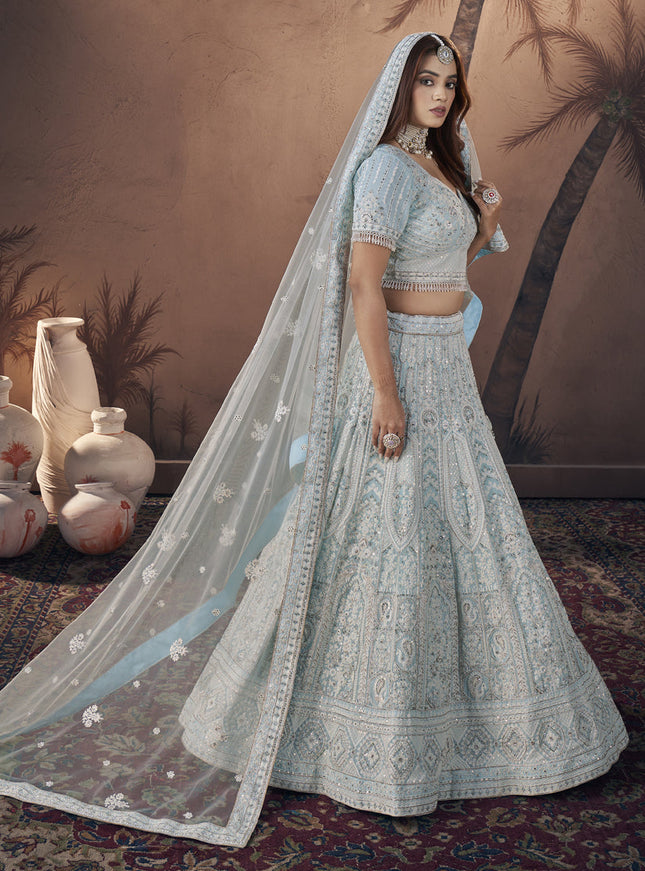 Sky Blue Georgette Designer Lehenga Choli Set