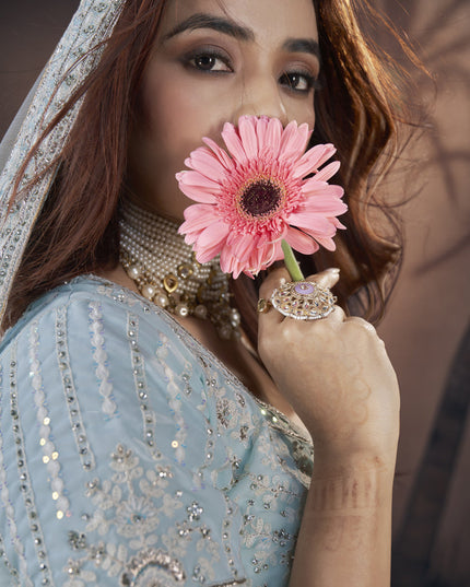 Sky Blue Georgette Designer Lehenga Choli Set