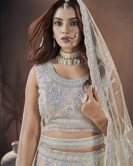 Off White Net Designer Lehenga Choli Set