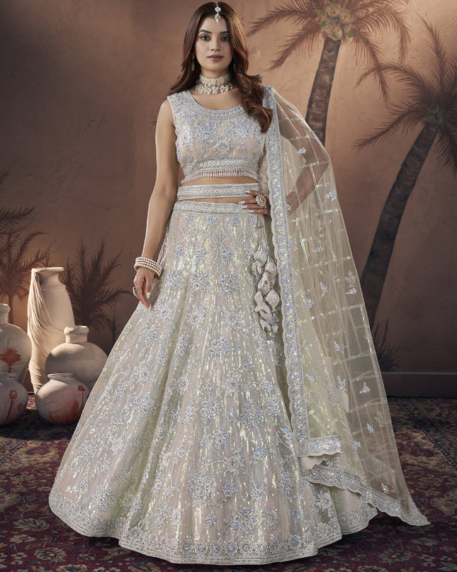 Off White Net Designer Lehenga Choli Set