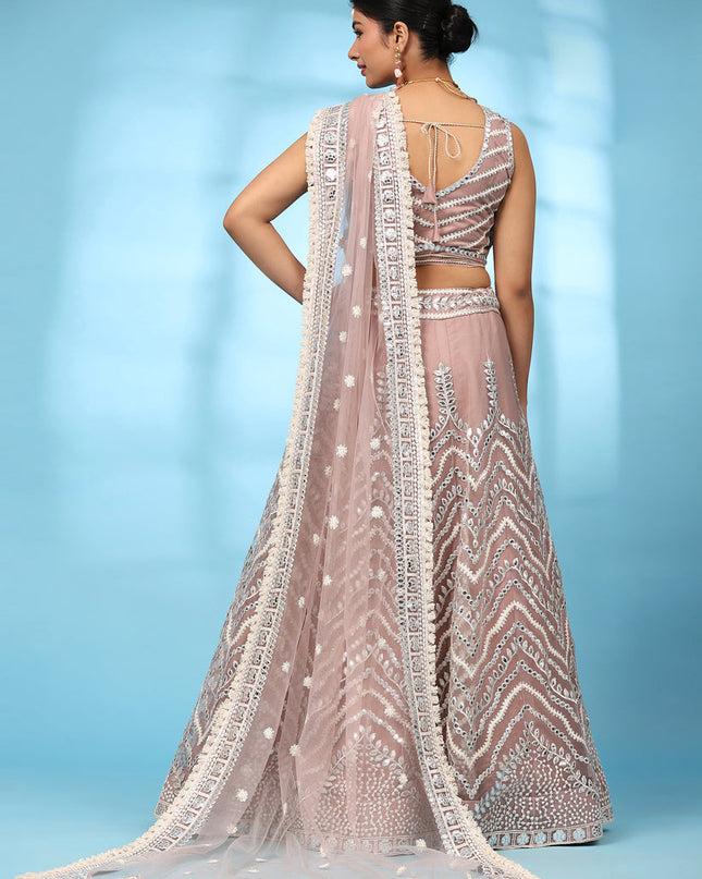 Peach Net Designer Lehenga Choli Set