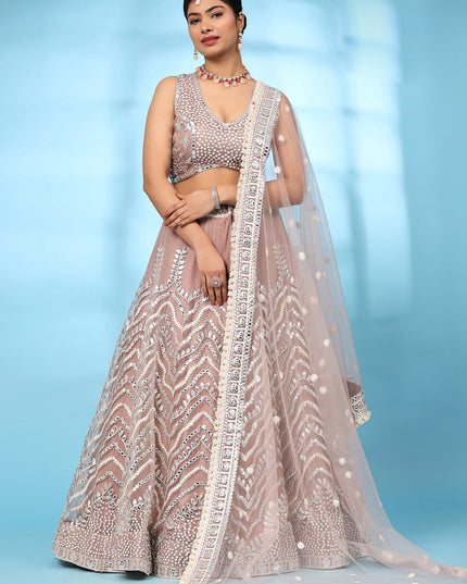 Peach Net Designer Lehenga Choli Set
