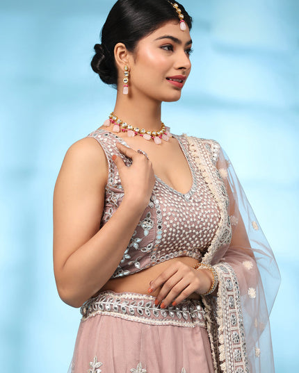 Peach Net Designer Lehenga Choli Set