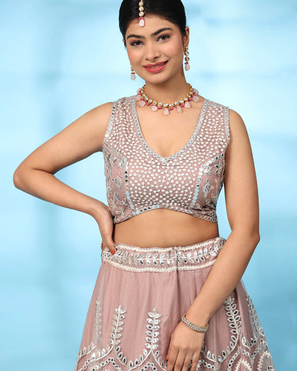 Peach Net Designer Lehenga Choli Set