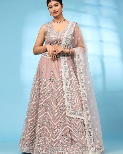 Peach Net Designer Lehenga Choli Set
