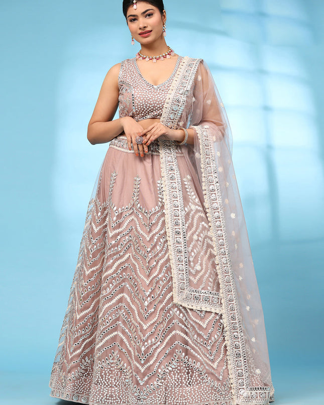 Peach Net Designer Lehenga Choli Set