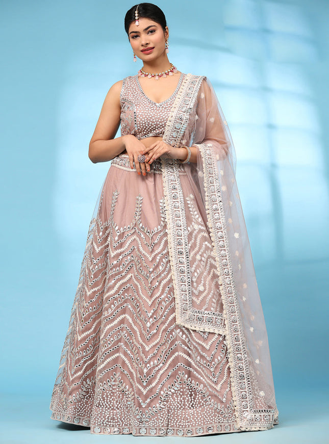 Peach Net Designer Lehenga Choli Set