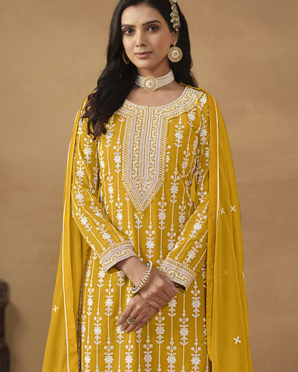 Mustard Faux Georgette Embroidered Sharara Kameez