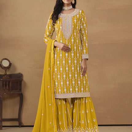 Mustard Faux Georgette Embroidered Sharara Kameez