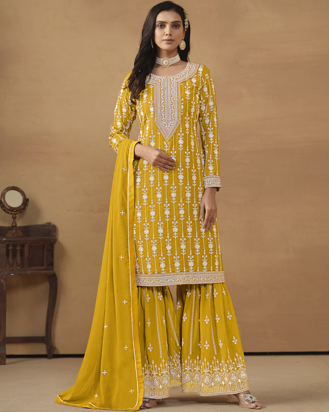 Mustard Faux Georgette Embroidered Sharara Kameez