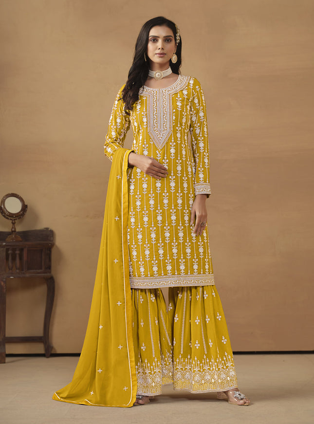 Mustard Faux Georgette Embroidered Sharara Kameez