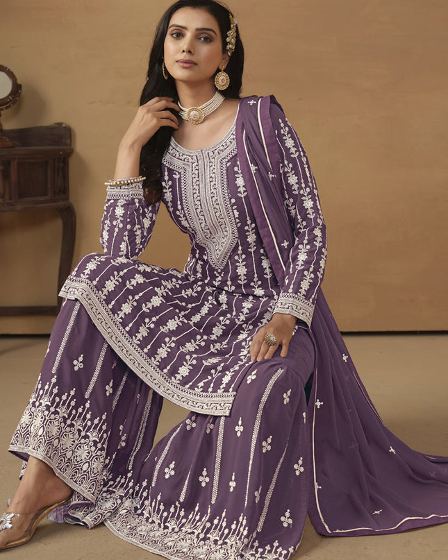 Amethyst Faux Georgette Embroidered Sharara Kameez