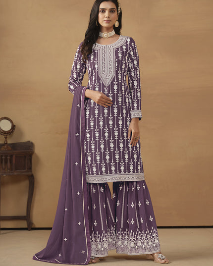 Amethyst Faux Georgette Embroidered Sharara Kameez