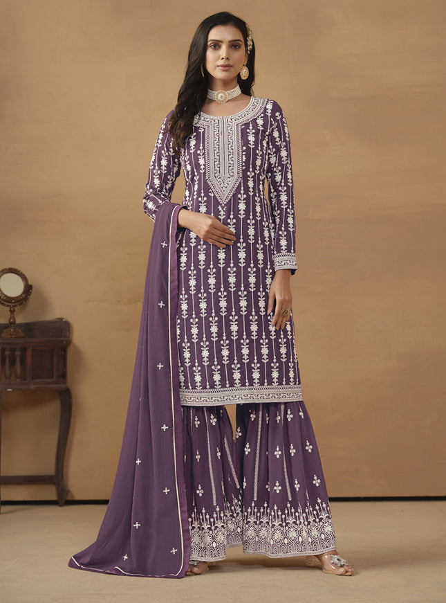Amethyst Faux Georgette Embroidered Sharara Kameez