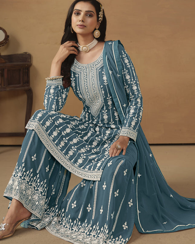 Teal Blue Faux Georgette Embroidered Sharara Kameez