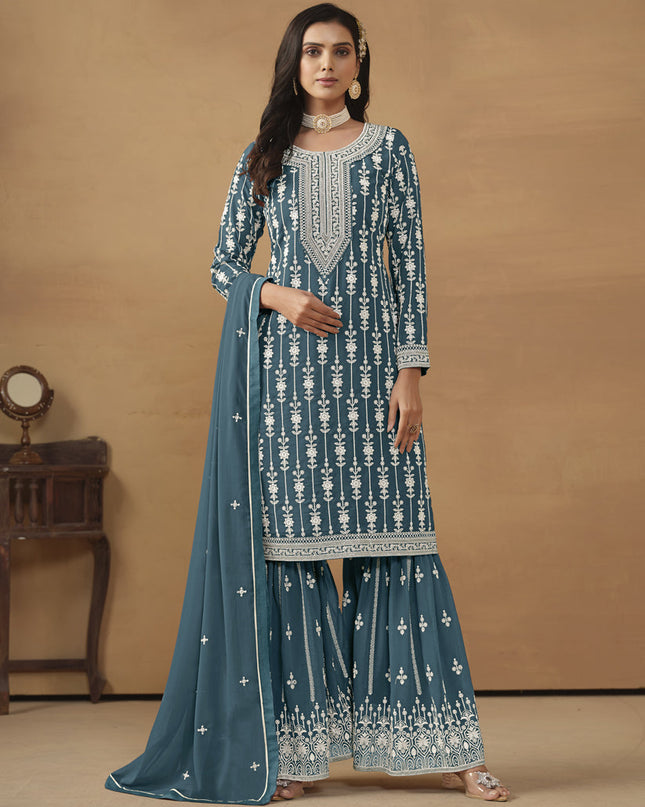 Teal Blue Faux Georgette Embroidered Sharara Kameez