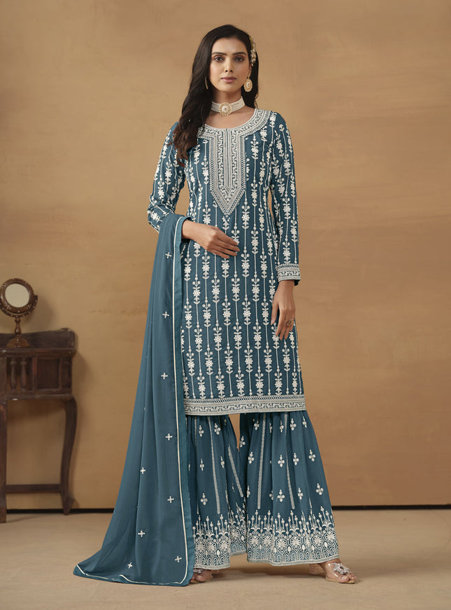 Teal Blue Faux Georgette Embroidered Sharara Kameez