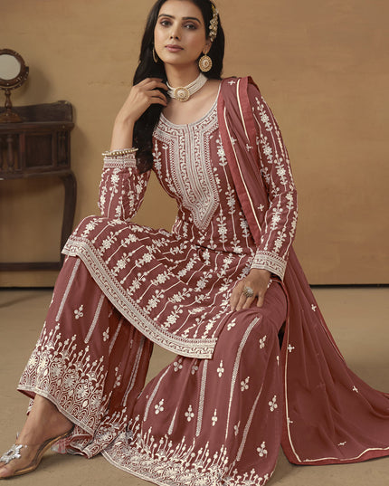 Rose Taupe Faux Georgette Embroidered Sharara Kameez