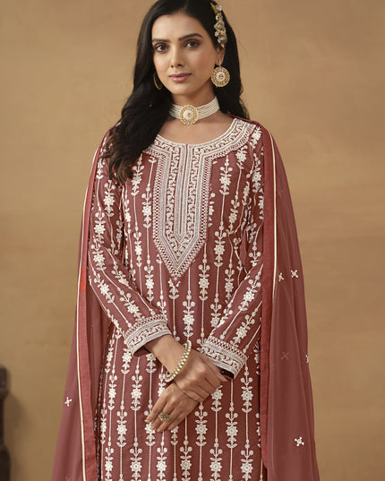 Rose Taupe Faux Georgette Embroidered Sharara Kameez