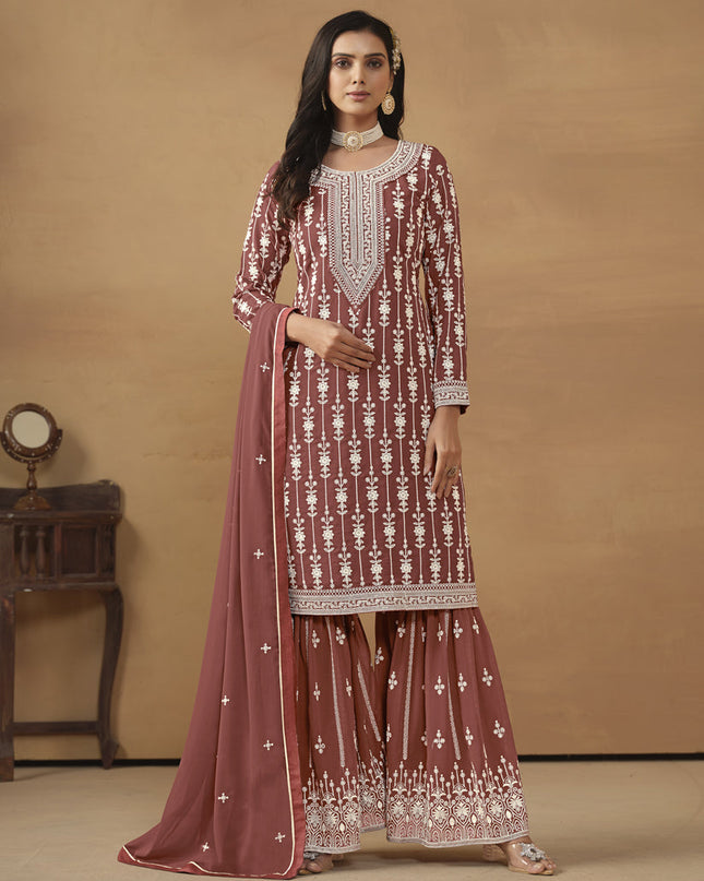 Rose Taupe Faux Georgette Embroidered Sharara Kameez