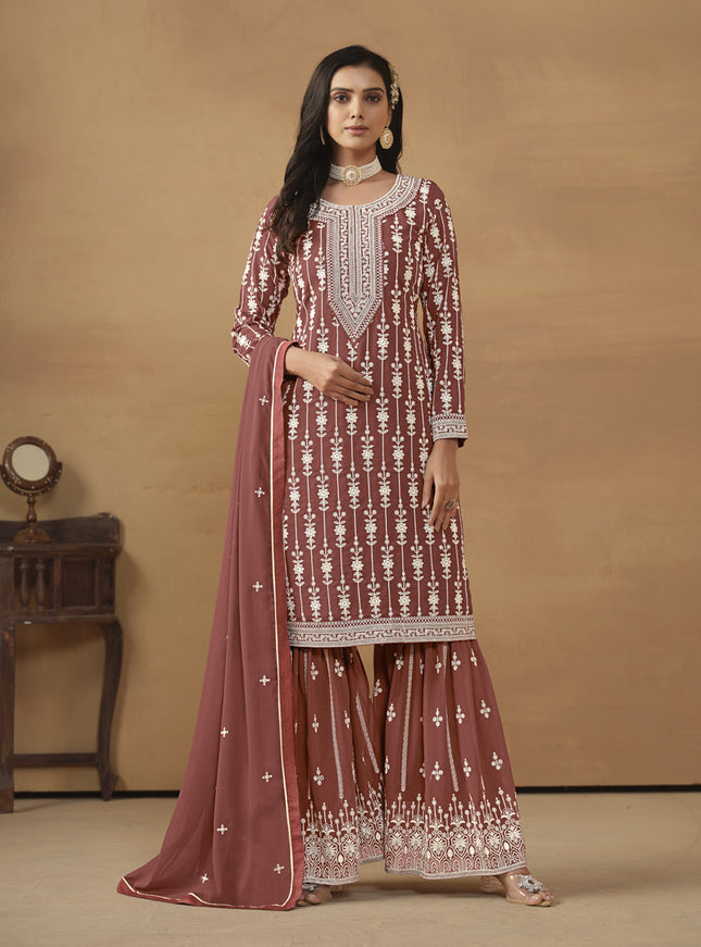 Rose Taupe Faux Georgette Embroidered Sharara Kameez