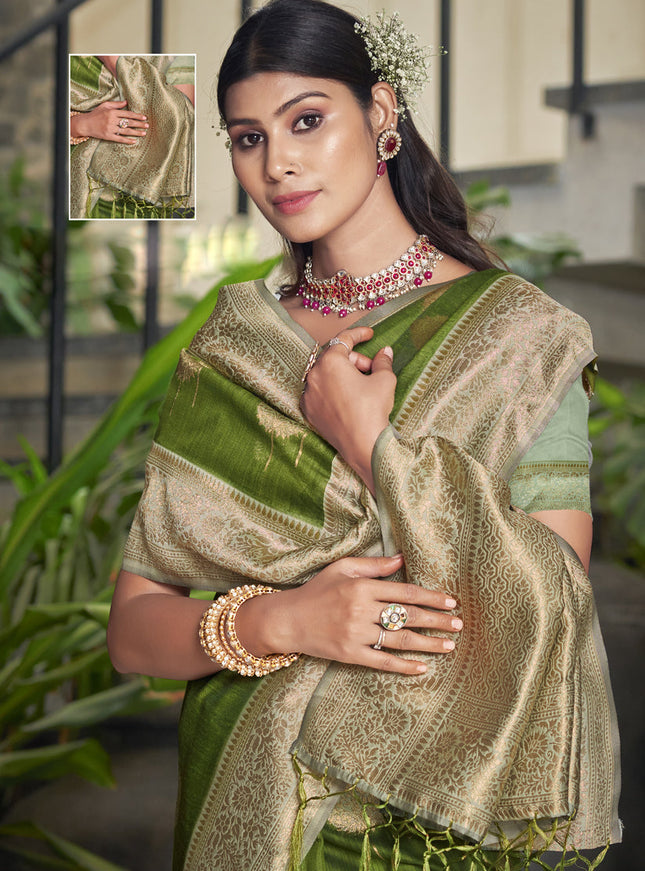 Olive Green Cotton Woven Saree