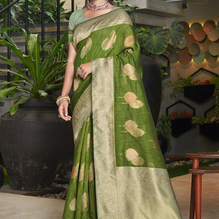 Olive Green Cotton Woven Saree