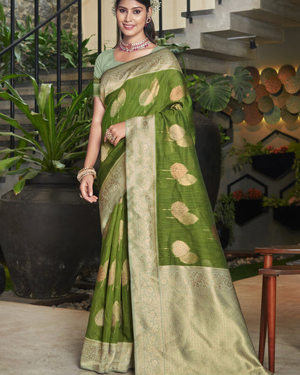 Olive Green Cotton Woven Saree