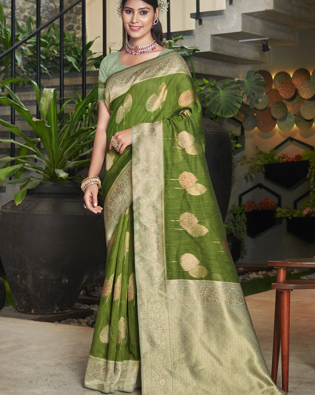 Olive Green Cotton Woven Saree