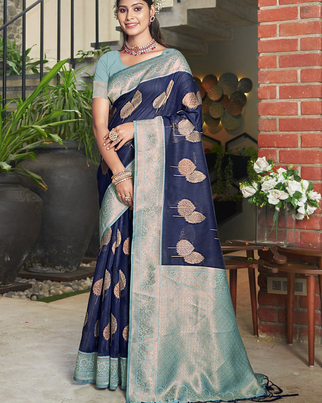 Navy Blue Cotton Woven Saree