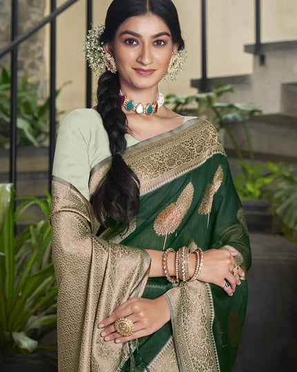 Bottle Green Cotton Woven Saree