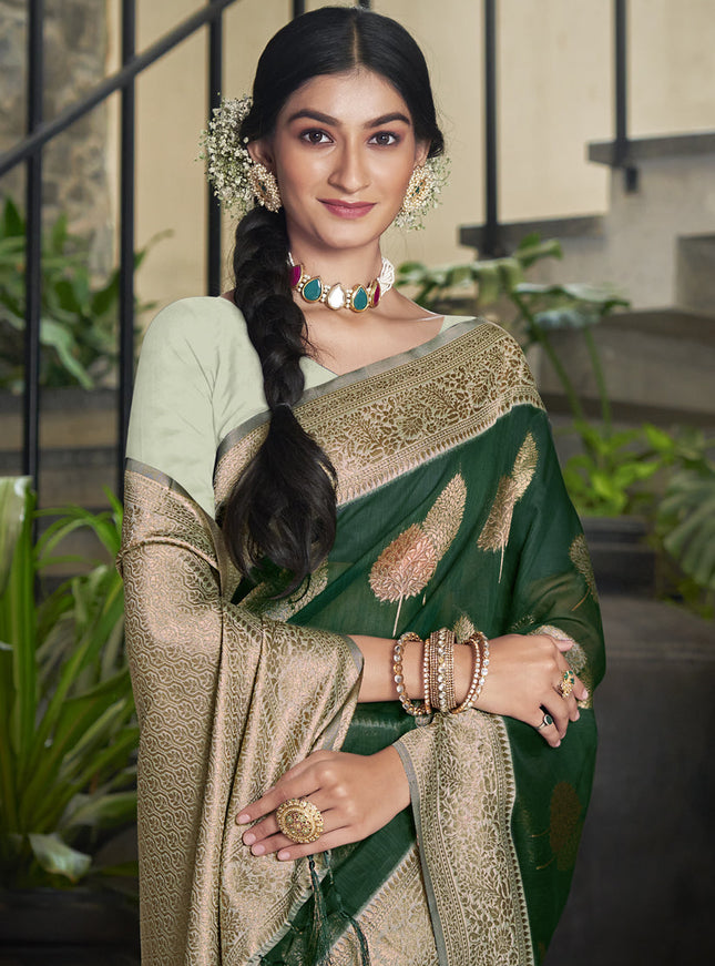 Bottle Green Cotton Woven Saree