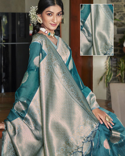 Teal Blue Cotton Woven Saree