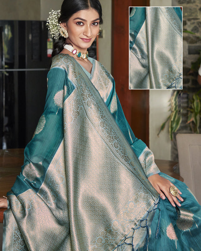 Teal Blue Cotton Woven Saree