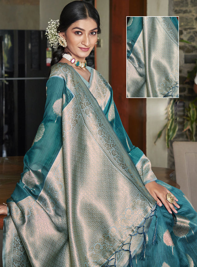 Teal Blue Cotton Woven Saree