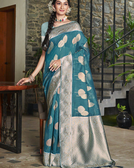 Teal Blue Cotton Woven Saree