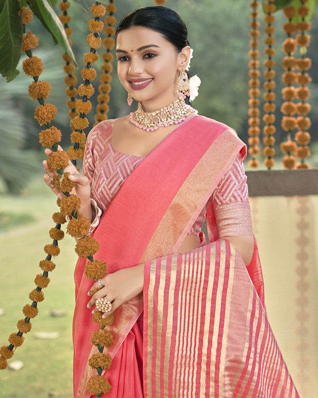 Coral Pink Cotton Woven Saree
