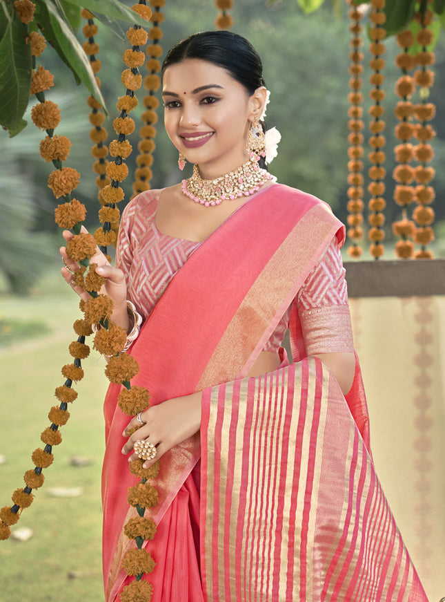 Coral Pink Cotton Woven Saree