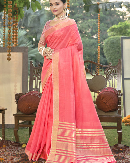 Coral Pink Cotton Woven Saree