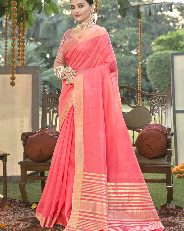 Coral Pink Cotton Woven Saree